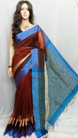 Brown Teen Par Pure Cotton Silk Sarees