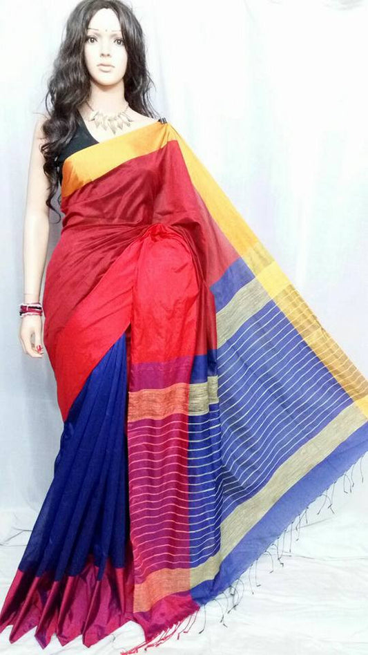 Red & Blue Mahapar Pure Cotton Silk Sarees - Dailybuyys