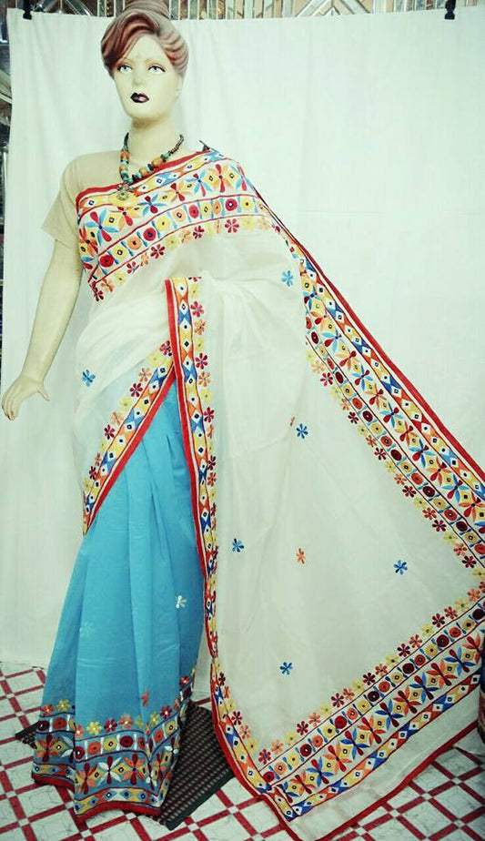 White & Sea Blue Kacchi Bangladeshi Pure Cotton Kathiawari Sarees - Dailybuyys