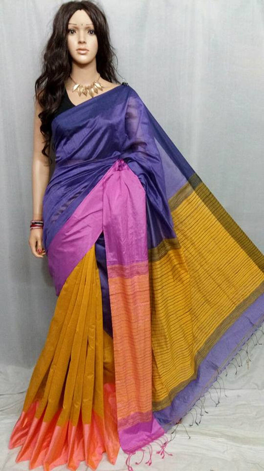 Violet & Yellow Mahapar Pure Cotton Silk Sarees - Dailybuyys