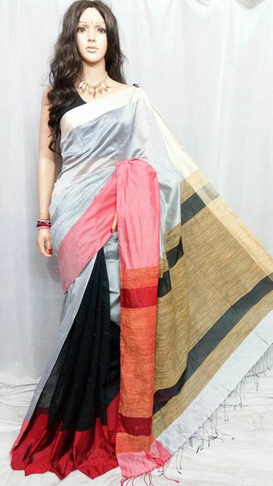 White & Beige Mahapar Pure Cotton Silk Sarees - Dailybuyys