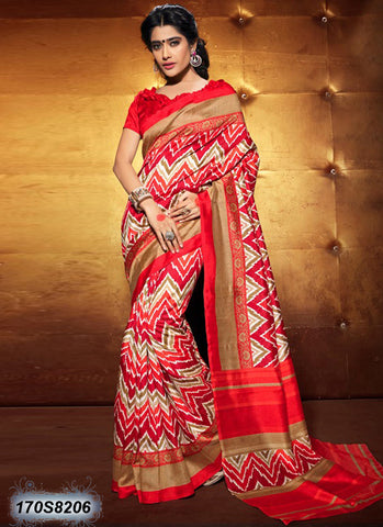 Red Beige Bhagalpuri Silk Sarees