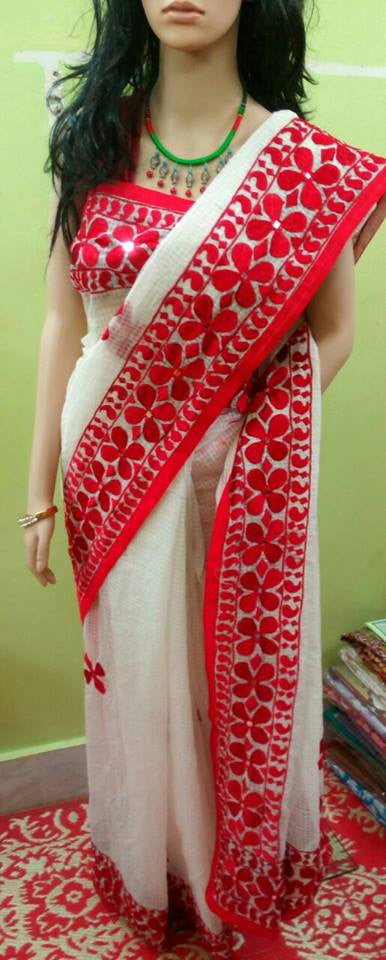 White Red Kathiawari Sarees - Dailybuyys
