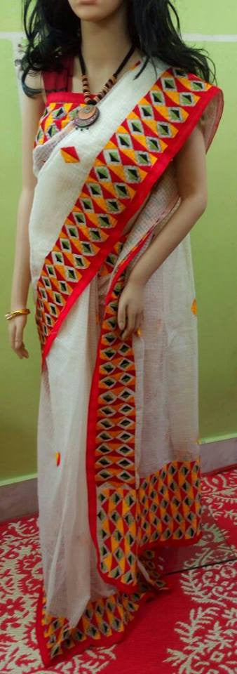 White Red Pure Cotton Kathiawari Sarees - Dailybuyys