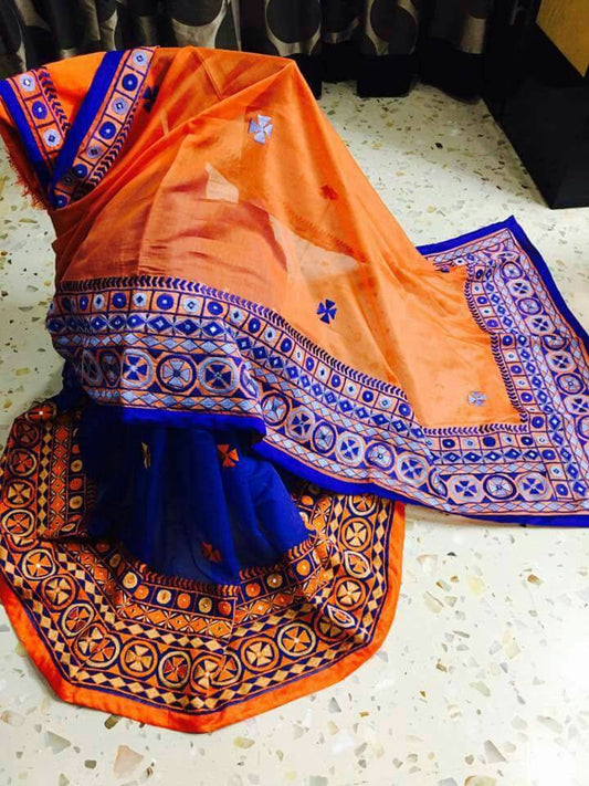 Blue & Orange Bangladeshi Pure Cotton Kathiawari Sarees - Dailybuyys