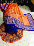 Blue & Orange Bangladeshi Pure Cotton Kathiawari Sarees