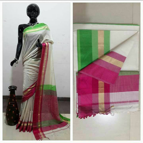 White Maheshwari Silk Sarees