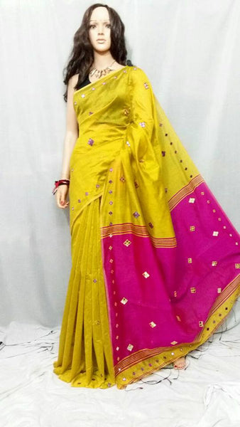 Yellow Mirror Work Handloom Sarees