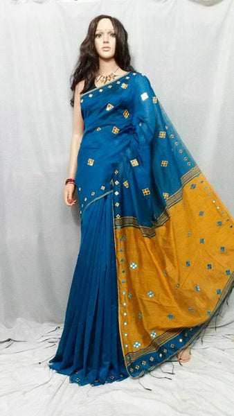 Blue Mirror Work Handloom Sarees