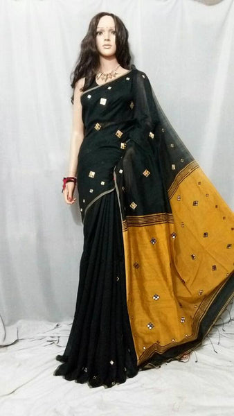 Black Yellow Mirror Work Handloom Sarees