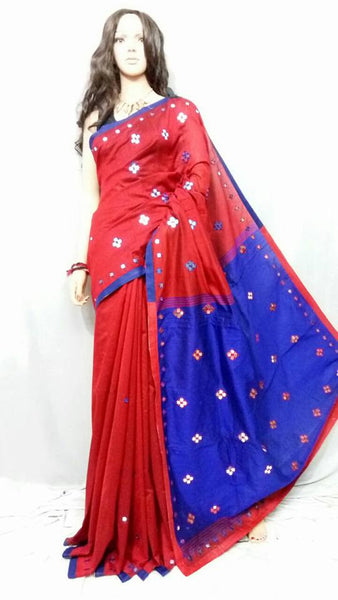 Red Blue Mirror work Handloom Sarees