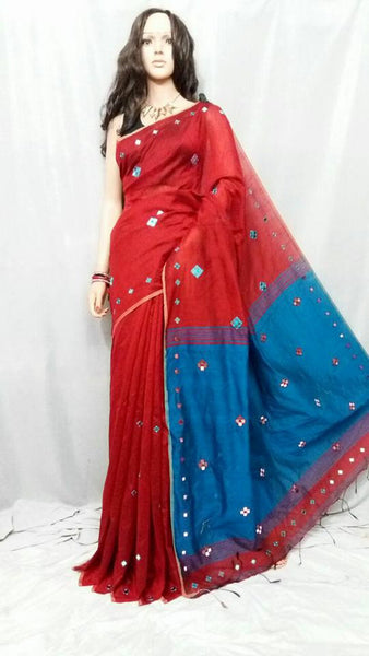 Red Blue Mirror Work Handloom Sarees