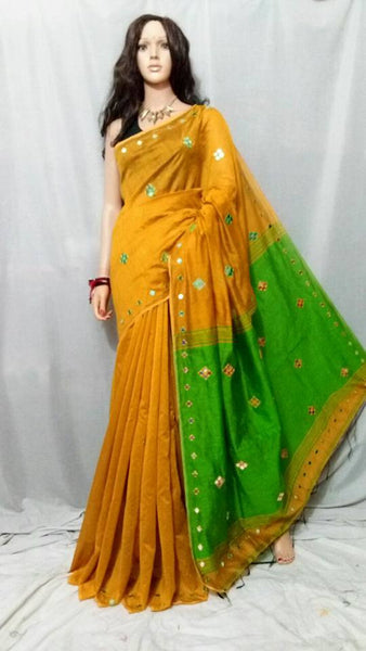 Yellow Green Mirror Work Handloom Sarees