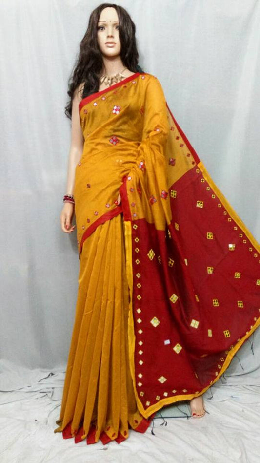 Yellow Red Mirror Work Handloom Sarees - Dailybuyys