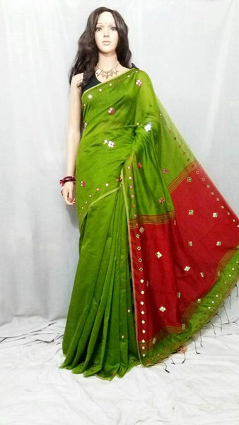 Green Red Mirror Work Handloom Sarees