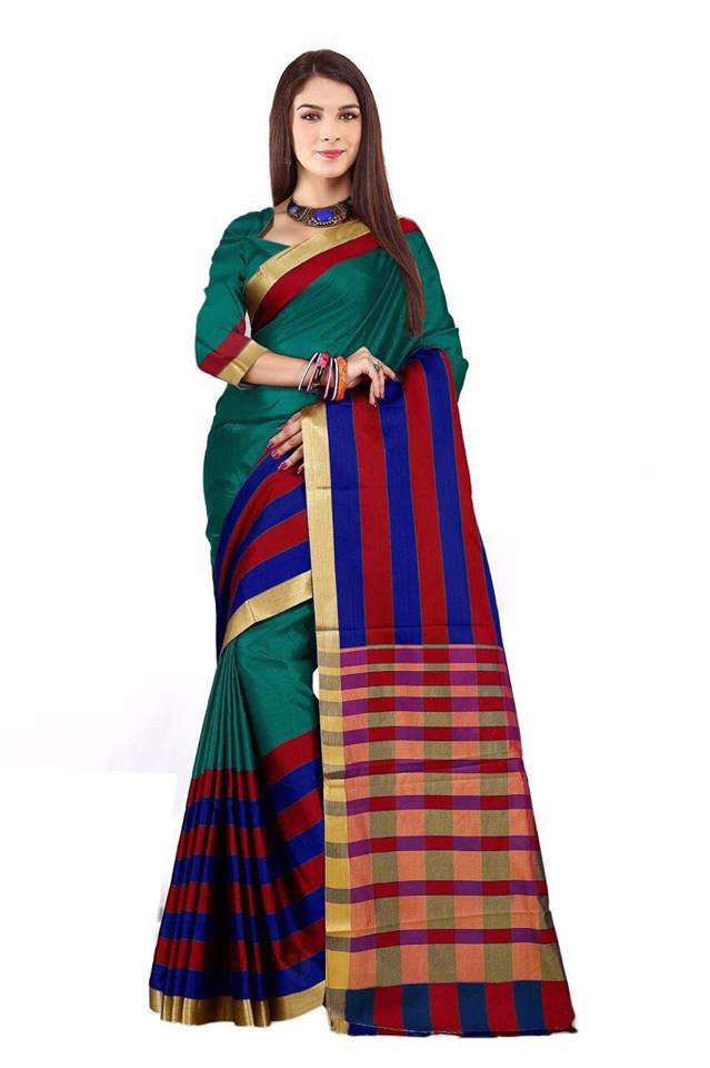 Multicoloured  Aura Poly Pure Cotton Sarees