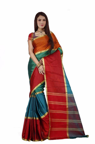 Red Blue Multicoloured  Aura Poly Pure Cotton Sarees