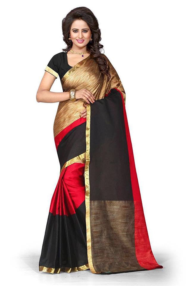 Black Red Aura Poly Pure Cotton Sarees