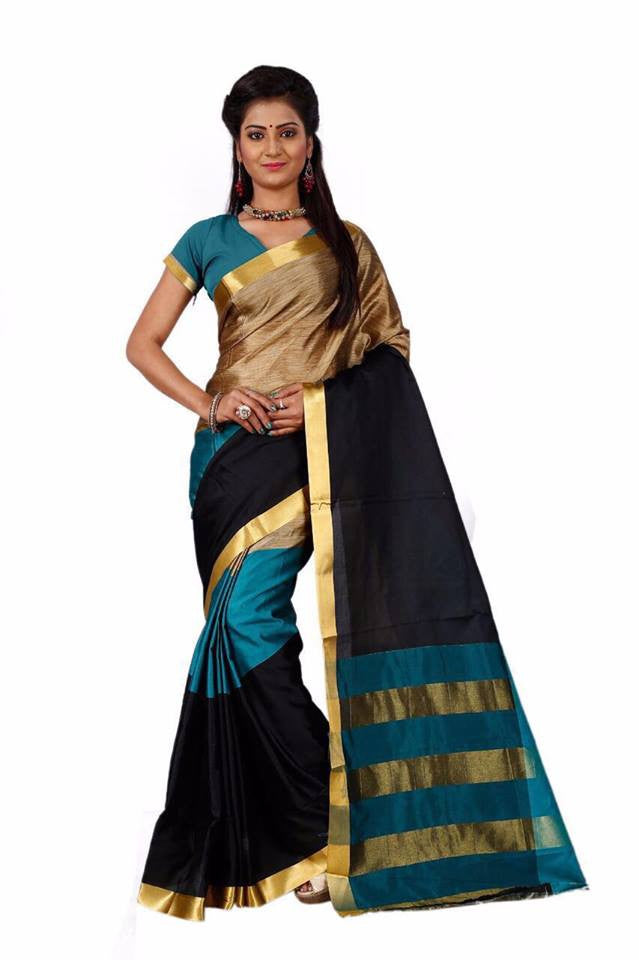 Black Blue Aura Poly Pure Cotton Sarees