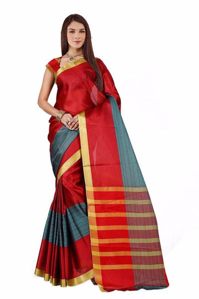 Red Aura Poly Pure Cotton Sarees