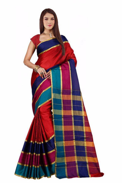 Red Blue  Aura Poly Pure Cotton Sarees