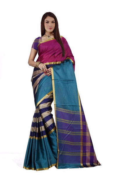 Black Blue Aura Poly Pure Cotton Sarees