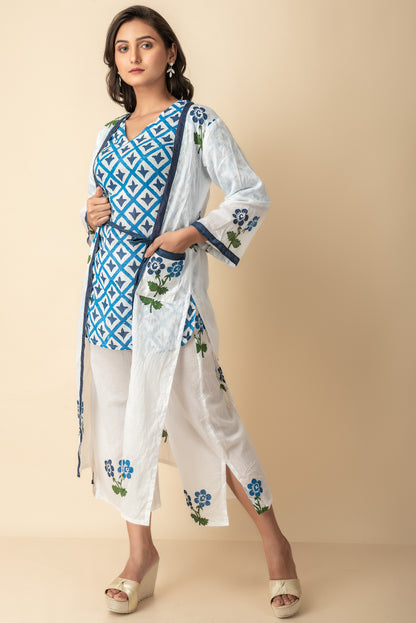 White and Blue Floral Hand Block Printed Kurtis Set Red Imported Long Indo Western Kurtis  Wear