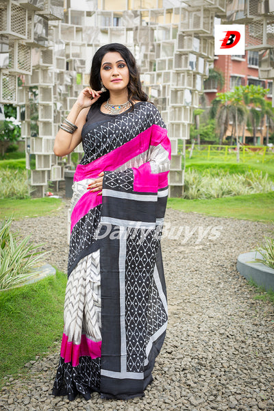 Black Beige Block Printed Pure Silk Mark Certified Bishnupuri Silk Sarees