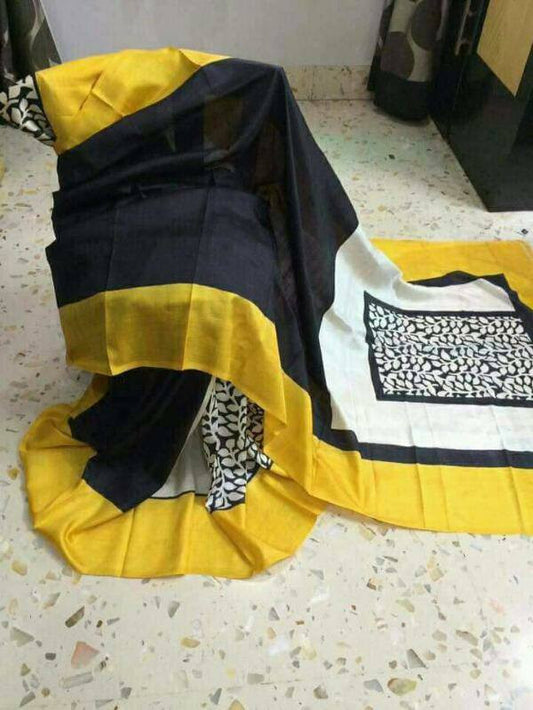 Black Yellow Block Printed Pure Silk Mark Certified Bishnupuri Silk Sarees - Dailybuyys