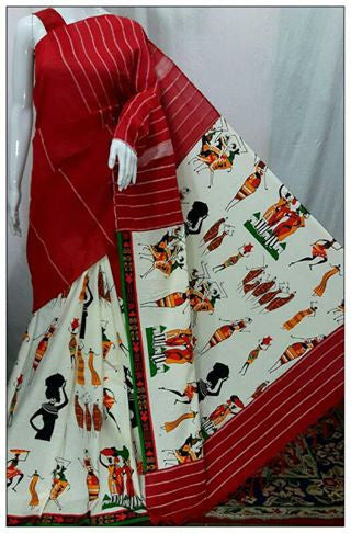 Red White Gurjari Khesh Sarees - Dailybuyys