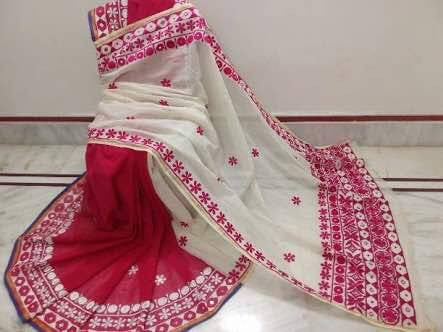 White Red Kathiawari Sarees