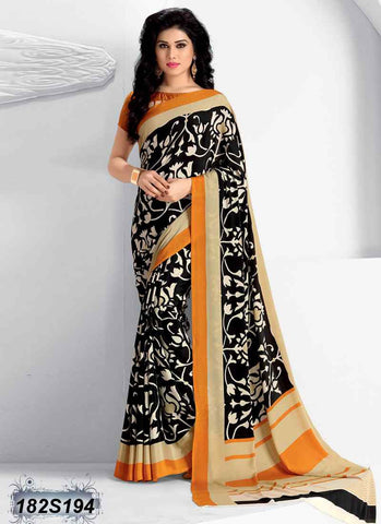 Beige & Black Crepe Sarees Get Extra 10% Discount on All Prepaid Transaction