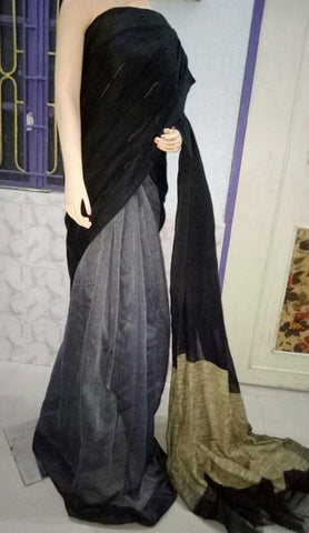 Black Grey Pure 100 Count Soft Pure Linen Sarees