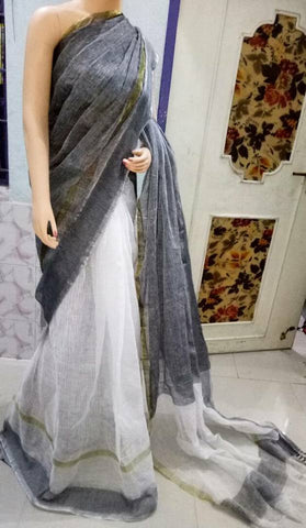 Grey White Pure 100 Count Soft Pure Linen Sarees