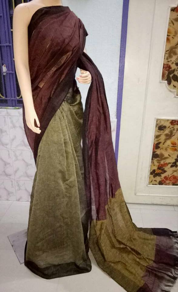 Brown Green Pure 100 Count Soft Pure Linen Sarees
