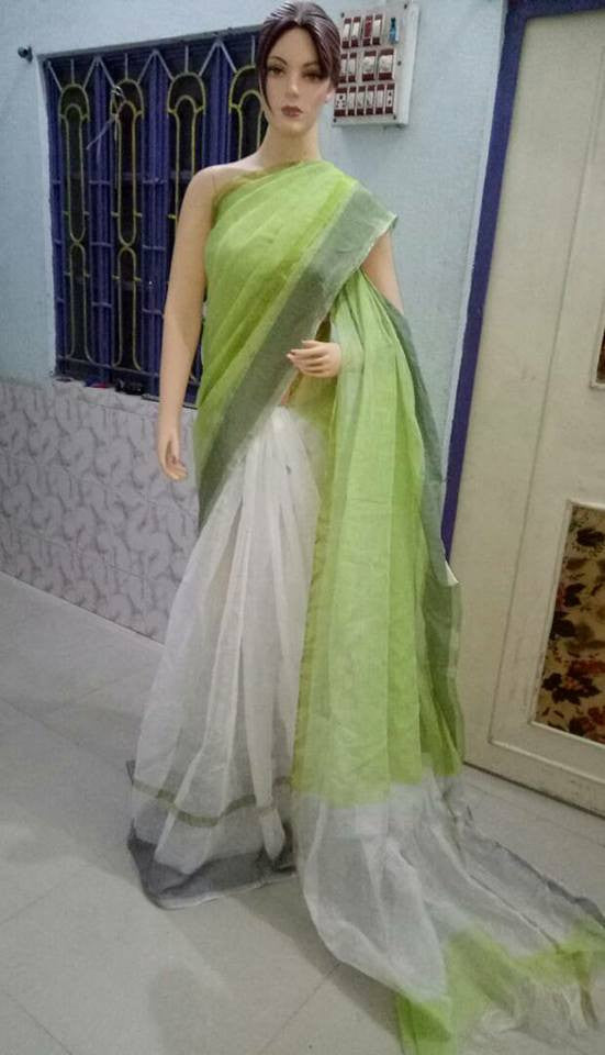 Green White Pure 100 Count Soft Pure Linen Sarees