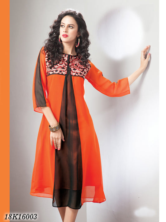 New Orange & Black Georgette Santoon Stitched Embroidery kurtis