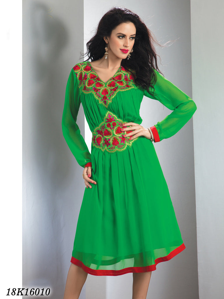 New Parrot Green Georgette Santoon Stitched Embroidery kurtis