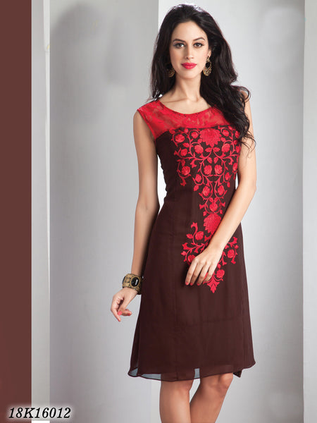 New Brown & Red Georgette Santoon Stitched Embroidery kurtis