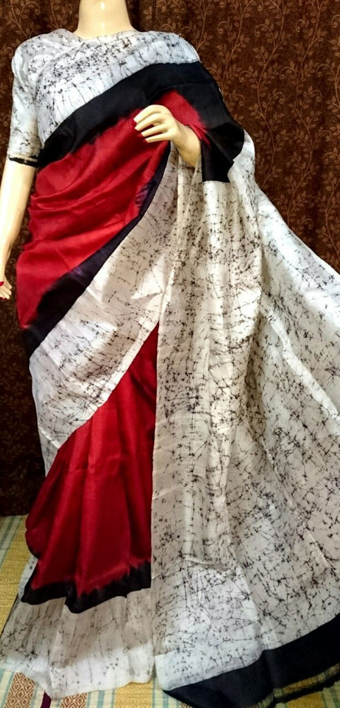 Red Batik Block Printed Pure Silk Mark Certified Bishnupuri Silk Sarees