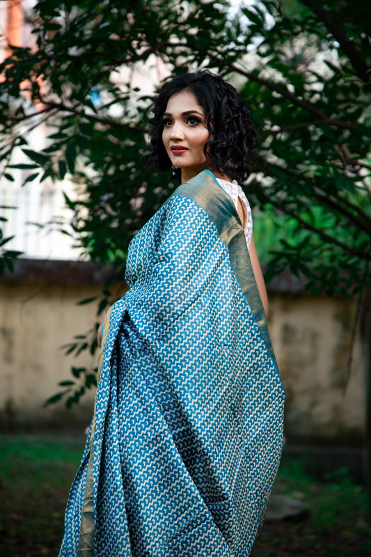 Blue Block Printed Zari Border Pure Silk Mark Certified Tussar Silk Sarees