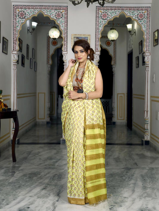 Light Yellow Bagru Printed Pure Chanderi Silk Sarees