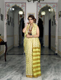 Light Yellow Bagru Printed Pure Chanderi Silk Sarees Get Extra 10% Discount on All Prepaid Transaction