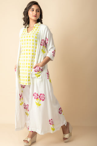 White with Lime yellow and pink floral Hand Block printed Kurtis set with jacket Red Imported Long Indo Western Kurtis Get Extra 10% Discount on All Prepaid Transaction Wear Get Extra 10% Discount on All Prepaid Transaction