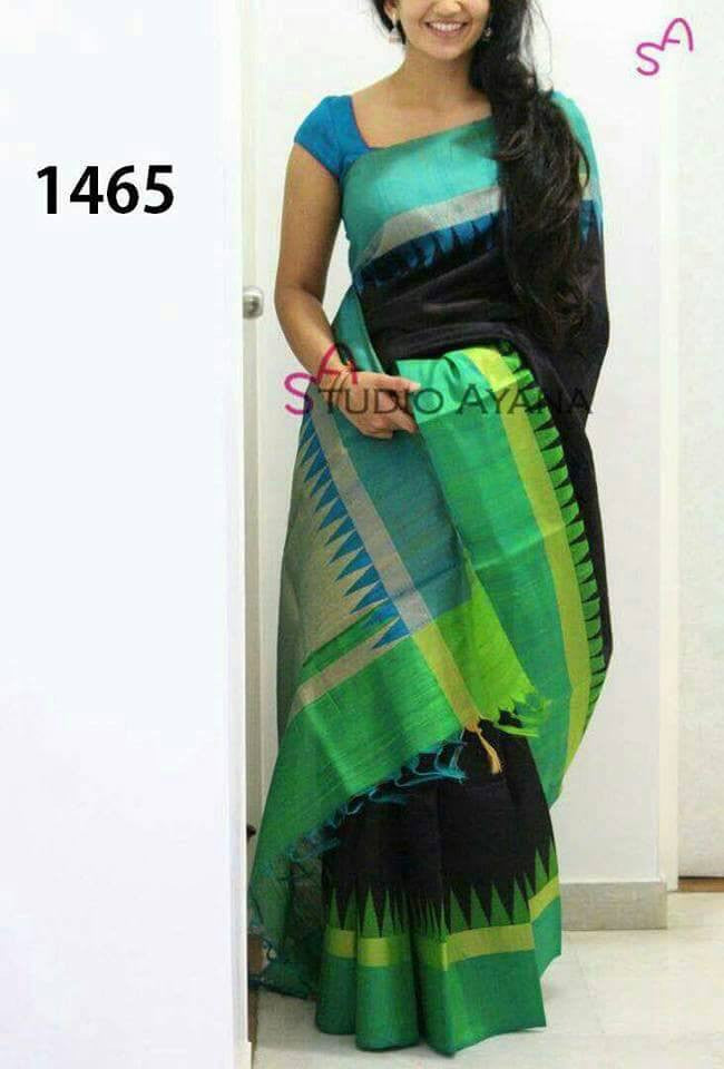 Black Green Bengal Handloom Silk Sarees - Dailybuyys