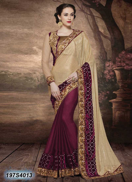 Beige & Maroon Net Sarees - Dailybuyys