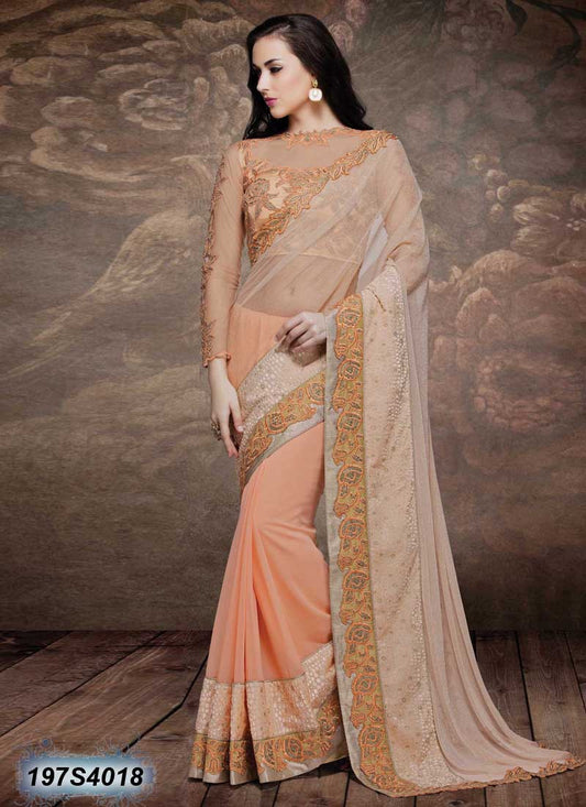 Light Peach Net Sarees