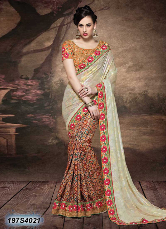 Off White & Multi  Net Sarees