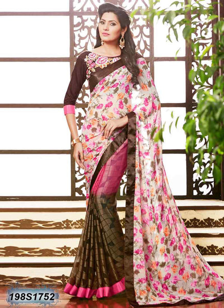 White Pink & Brown Georgette Sarees