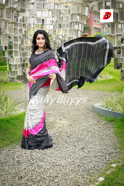 Black Beige Block Printed Pure Silk Mark Certified Bishnupuri Silk Sarees